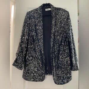 Zara Black Sequin Open-Front Blazer
